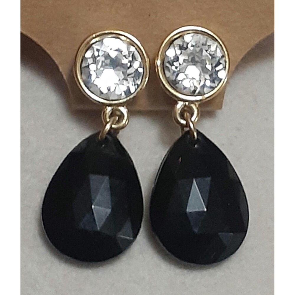 Crown Trifari fauceted black lucite gold tone dangle drop earrings with rhinesto